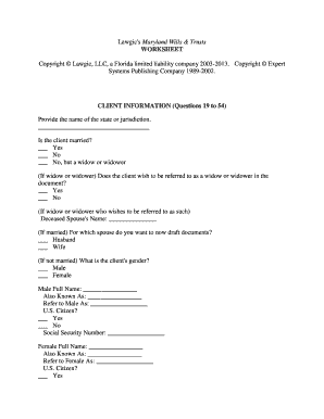 Maryland Wills & Trusts Worksheet
