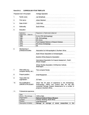 Curriculum Vitae Template for Heritage Specialist