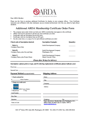 ARDA Membership Certificate Order Form