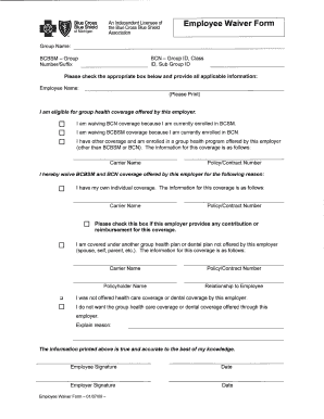 BlueCross BlueShield Employee Waiver Form
