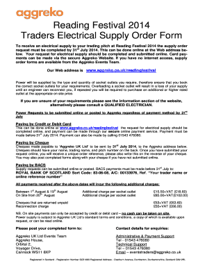 Reading Festival 2014 Traders Electrical Supply Order Form