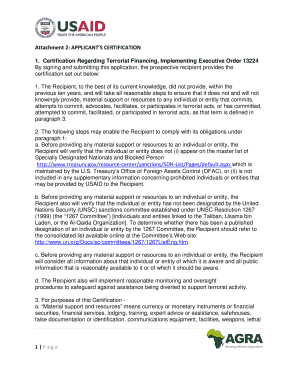 Applicant’s Certification for Terrorist Financing and Lobbying