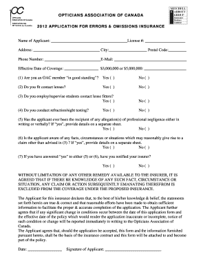 Opticians Association of Canada Errors & Omissions Insurance Application