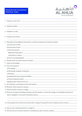 Fire Burglary Insurance Proposal Form