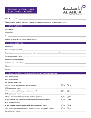 Personal Property Money Documents Claim Form