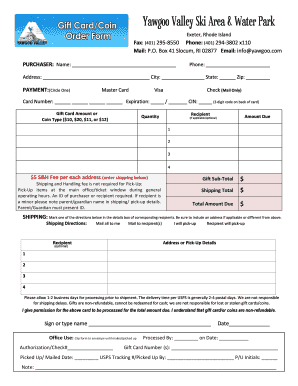 Yawgoo Valley Gift Card Purchase Form