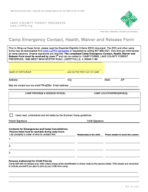 Lake County Forest Preserves Camp Emergency Contact Form