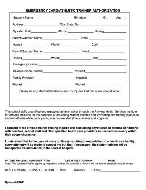 Emergency Card/Athletic Trainer Authorization