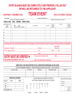 National Bowling Association Championship Tournament Entry Form