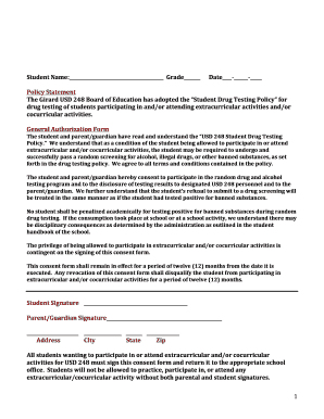 USD 248 Student Drug Testing Consent Form