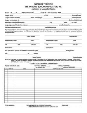 National Bowling Association League Certification Application