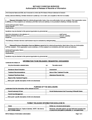 Bethany Christian Services HIPAA Release Form
