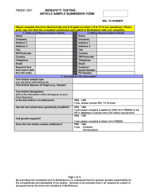Biosafety Testing Article Sample Submission Form