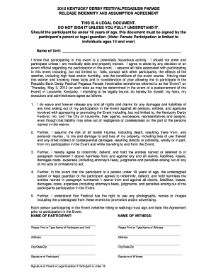 Kentucky Derby Festival Pegasus Parade Release Indemnity Agreement