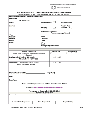 Shipment Request Form for Enzalutamide and Abiraterone