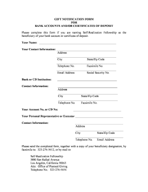 Gift Notification Form for Bank Accounts