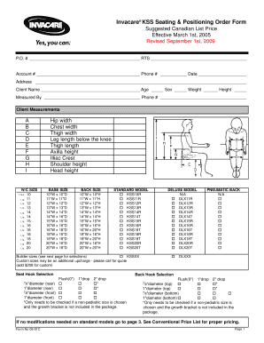 Invacare KSS Seating Order Form