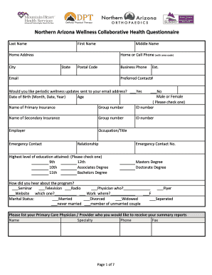 Northern Arizona Wellness Collaborative Health Questionnaire
