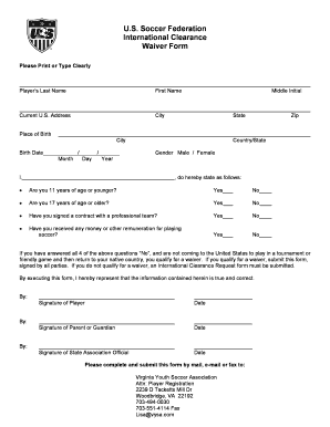 US Soccer International Clearance Waiver Form