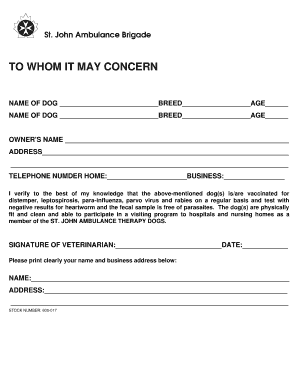 St. John Ambulance Therapy Dog Verification Form