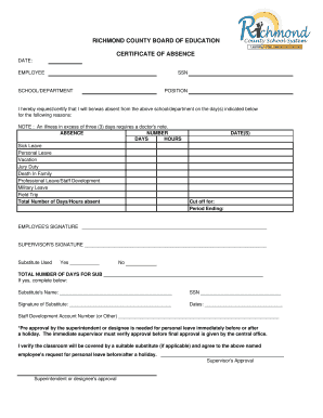 Richmond County Employee Absence Certificate