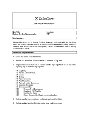 Patient Services Representative Job Description Form