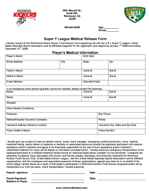 Super Y League Medical Release Form