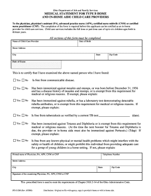 Ohio Medical Statement for In-Home Child Care Providers