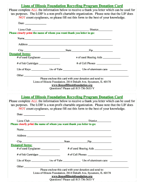 Lions of Illinois Foundation Recycling Program Donation Card