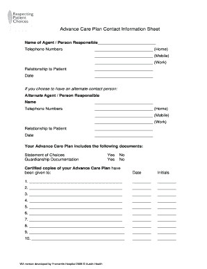 Advance Care Plan Contact Information Sheet