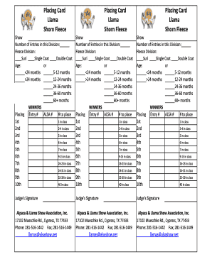 Alpaca & Llama Show Fleece Division Placing Card