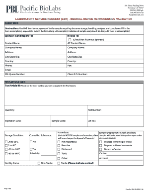 Laboratory Service Request Medical Device Reprocessing Validation