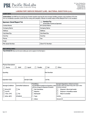 Laboratory Service Request Bacterial Endotoxin LAL