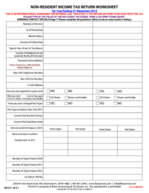 Non-Resident Income Tax Return Worksheet