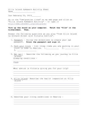 Ellis Island Homework Activity Sheet
