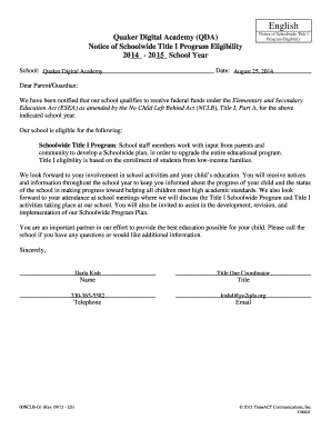 Notice of Schoolwide Title I Program Eligibility
