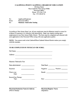 New Jersey Mantoux Tuberculin Testing Form