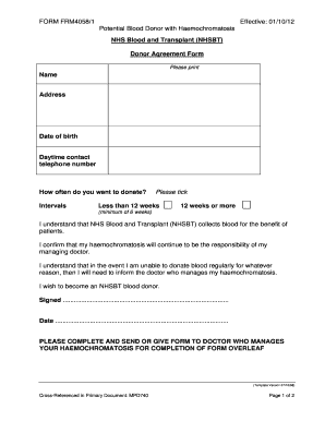NHS Blood Donor Agreement Form for Haemochromatosis Patients