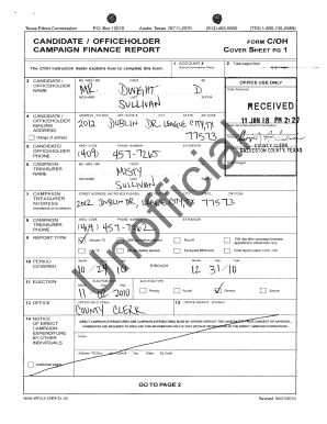 Texas Campaign Finance Report Cover Sheet
