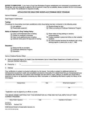 Application for Drug-Free Workplace Premium Credit Program