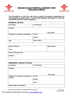 Squash Wales Parental Consent Form