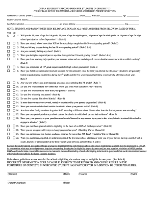OSSAA Student Eligibility Record Form