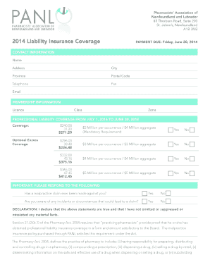 Pharmacists' Association of Newfoundland and Labrador Liability Insurance Form