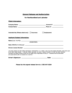 General Release and Authorization for Newfoundland and Labrador