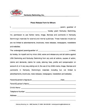 Kentucky Swimming Photo Release Form for Minors