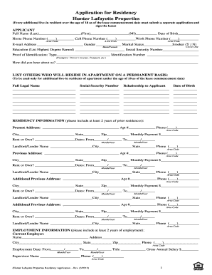 Hunter Lafayette Properties Residency Application