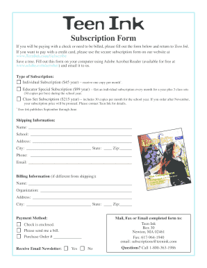 Teen Ink Subscription Form