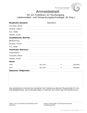 Anmeldeblatt für ein Praktikum