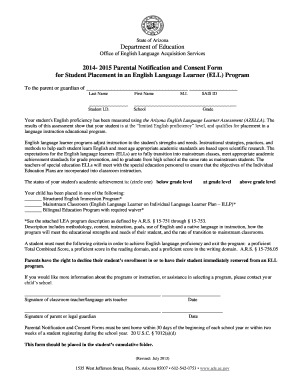 Arizona ELL Program Parental Notification and Consent Form