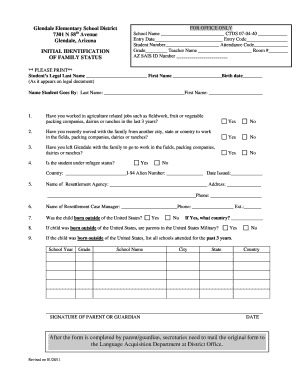 Arizona Student Family Status Form